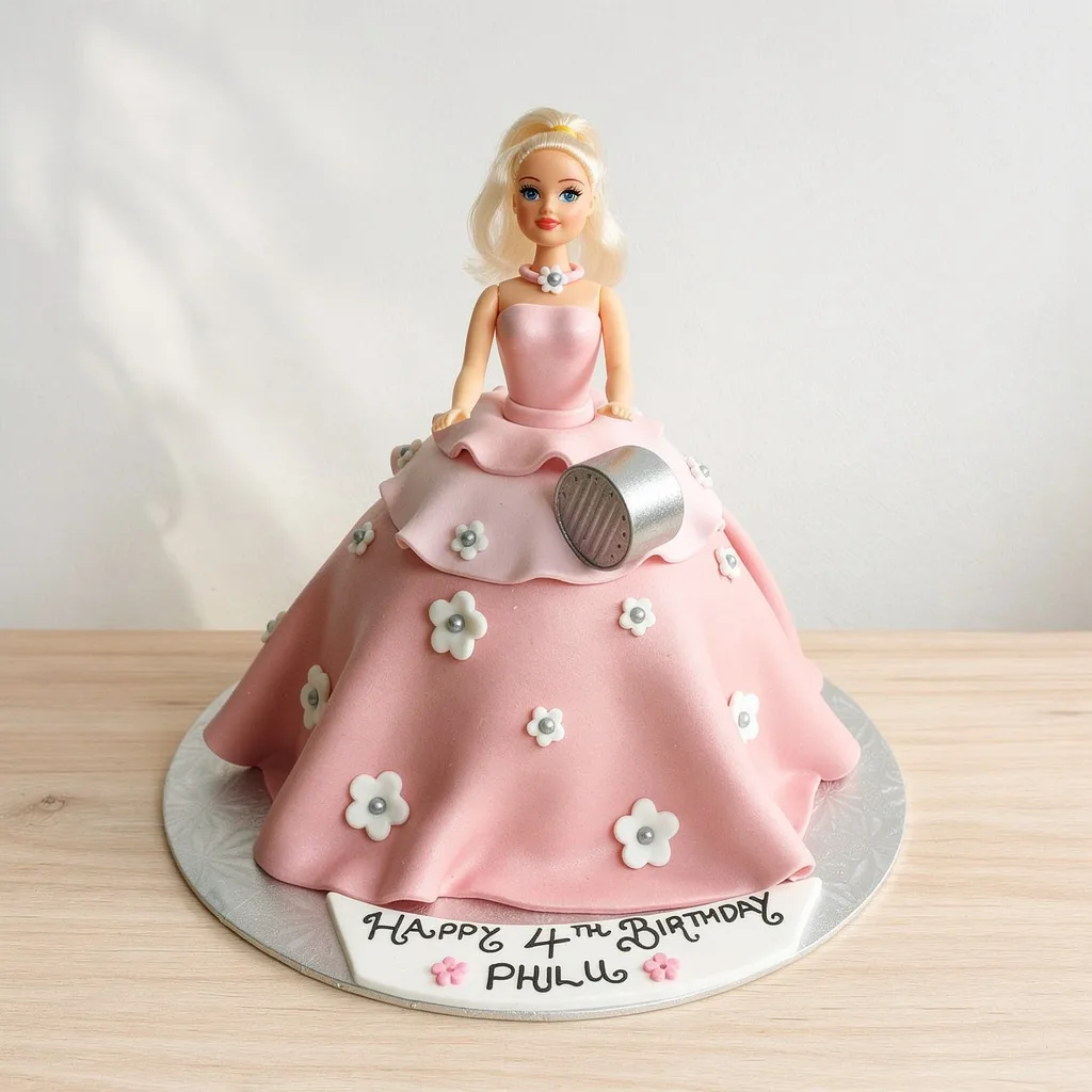 Pink princess cake with doll topper and white flower decorations