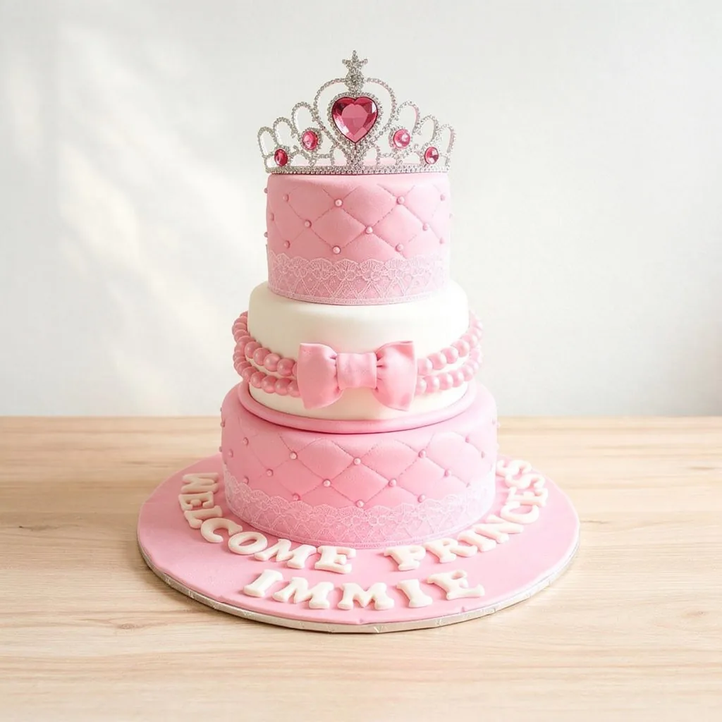 Three-tiered pink and white cake with quilted pattern, pearl beads, bow, and a jeweled tiara topper