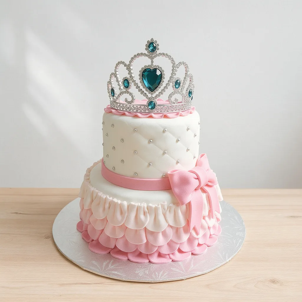 Two-tiered white and pink cake with pearl accents, ruffled fondant, pink bow, and jeweled tiara topper