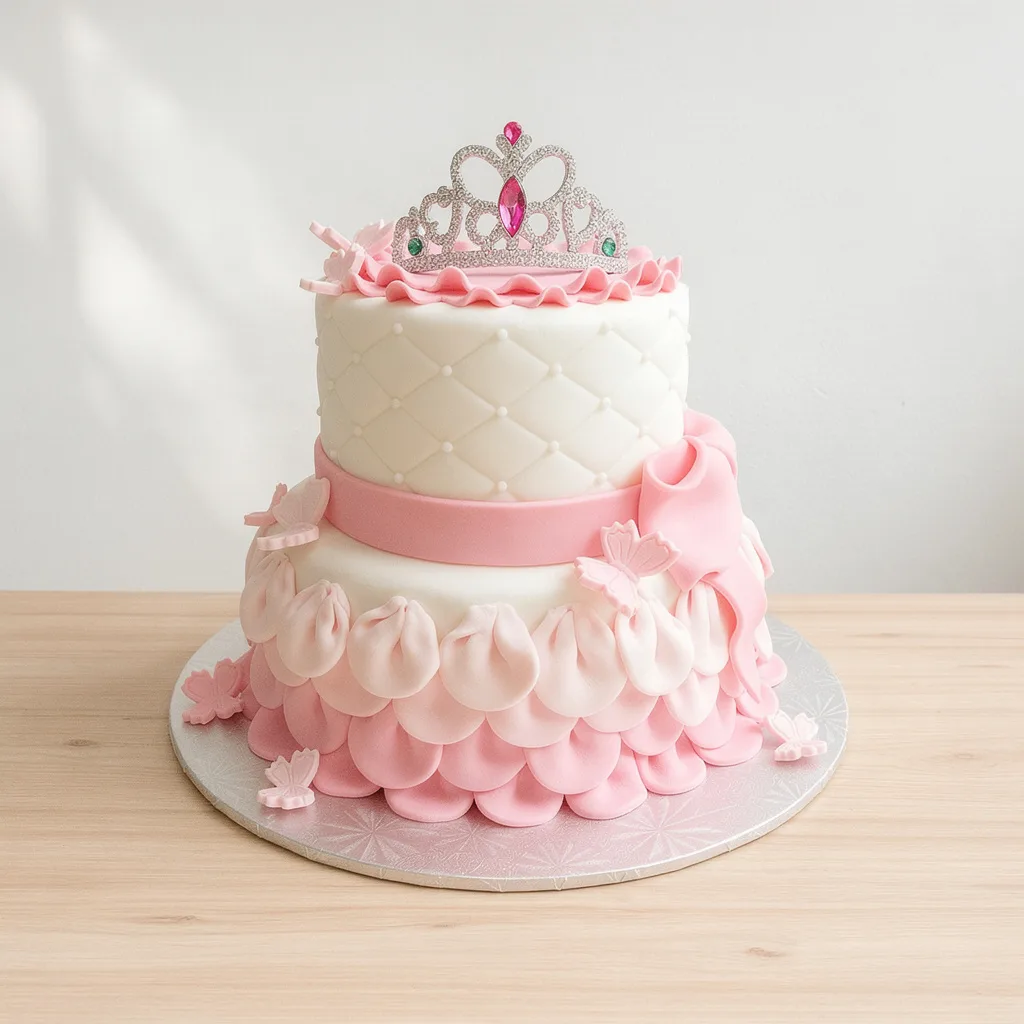 Two-tiered white and pink princess cake with quilted pattern, ruffles, butterfly decorations, and jeweled tiara topper