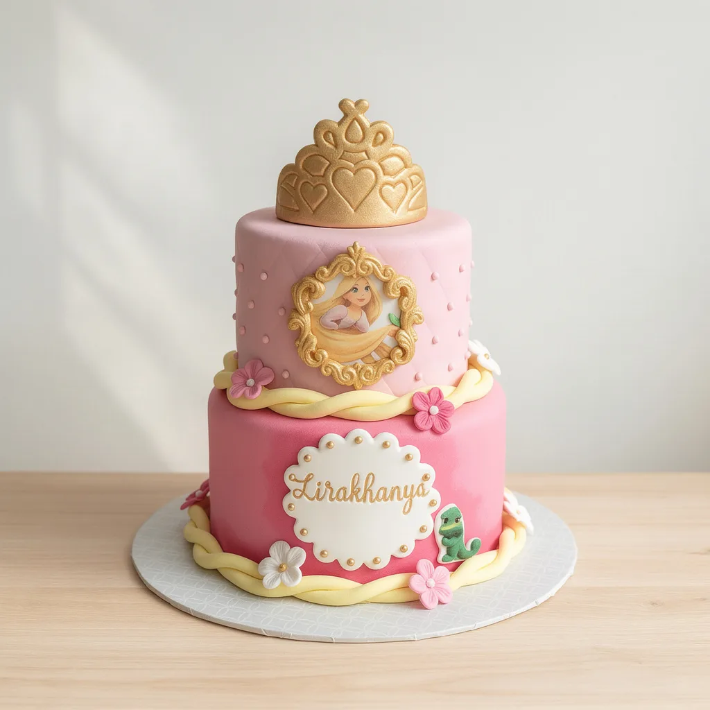 Two-tier pink princess cake with golden tiara topper and Rapunzel image