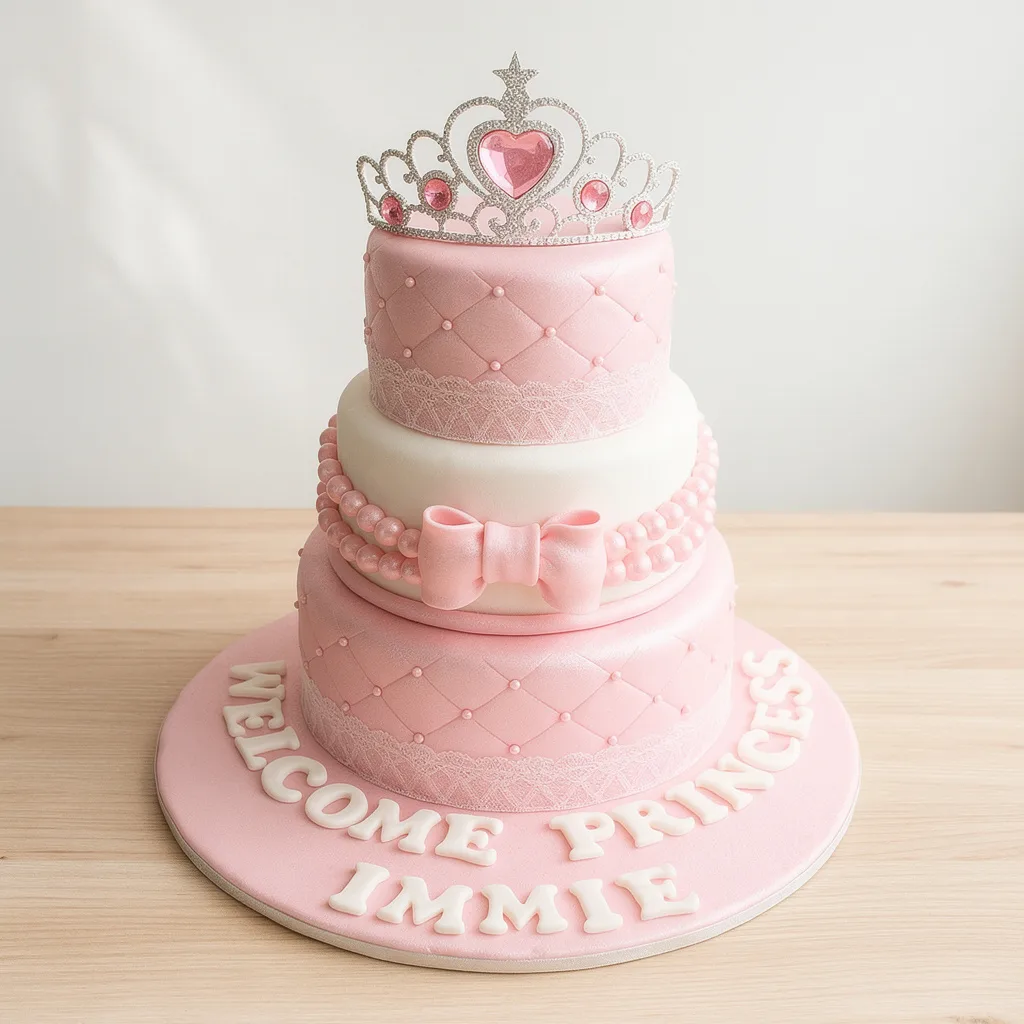 Three-tier pink and white cake with pearl decorations, bow, lace bands, and a tiara topper