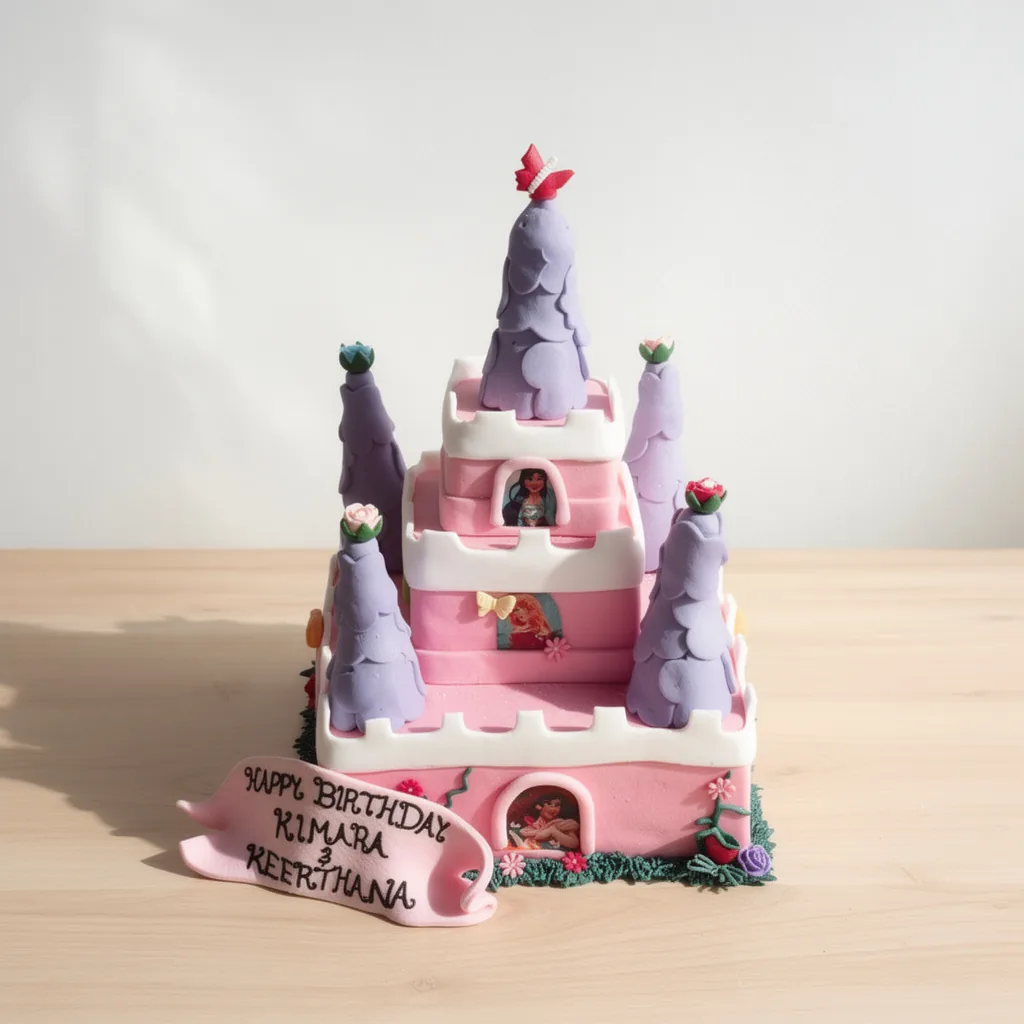 Three-tier pink and purple castle cake with floral details and a butterfly topper