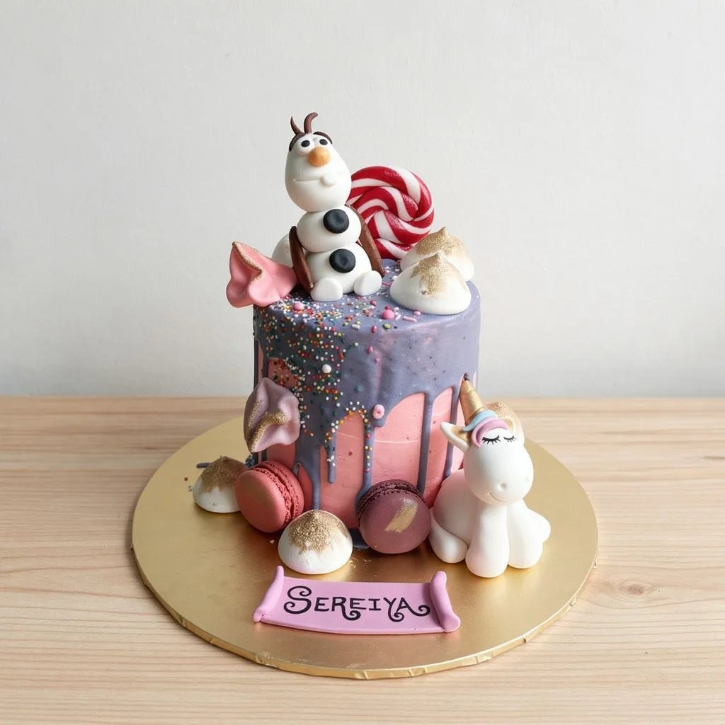 Pink and purple drip cake with candy decorations, macarons, and fondant unicorn and snowman figures