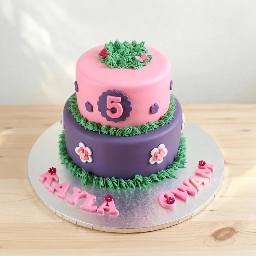 Two-tier pink and purple cake decorated with green grass icing and pink and white flowers