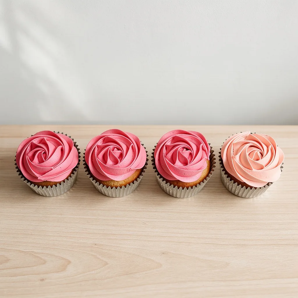 Four cupcakes with pink and peach rose swirl frosting on light wooden surface