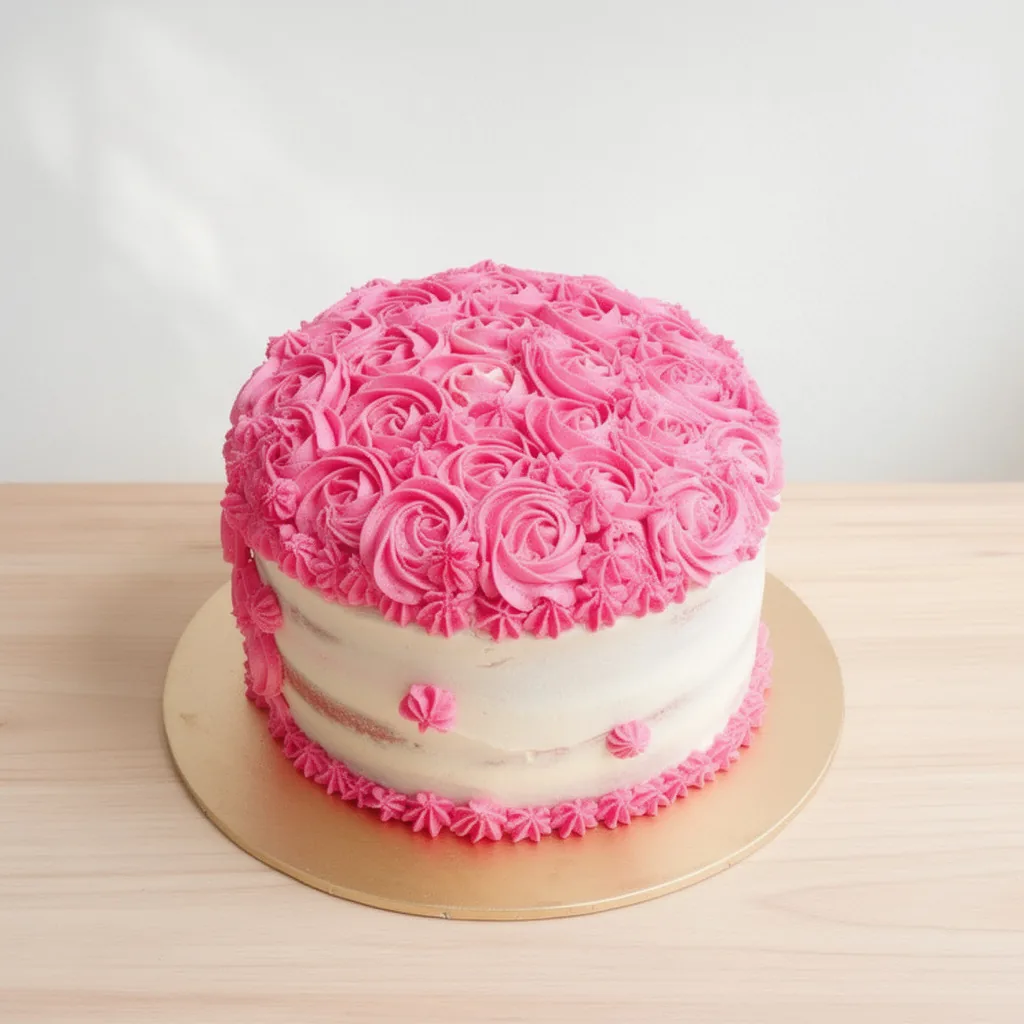 Round cake with white icing and pink rosette frosting decorations on top and sides