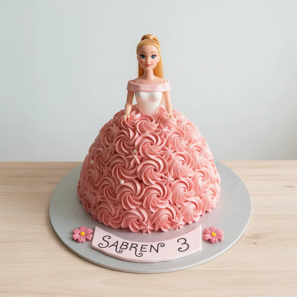 Pink princess doll cake with rosette buttercream dress and pearl details