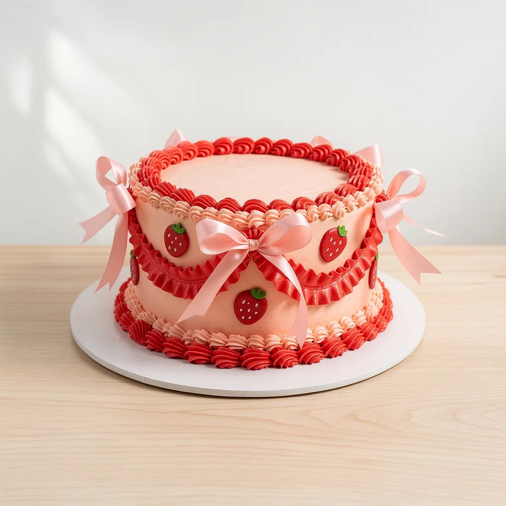 Pink round cake decorated with frosting ribbons, strawberry shapes, and pink satin bows