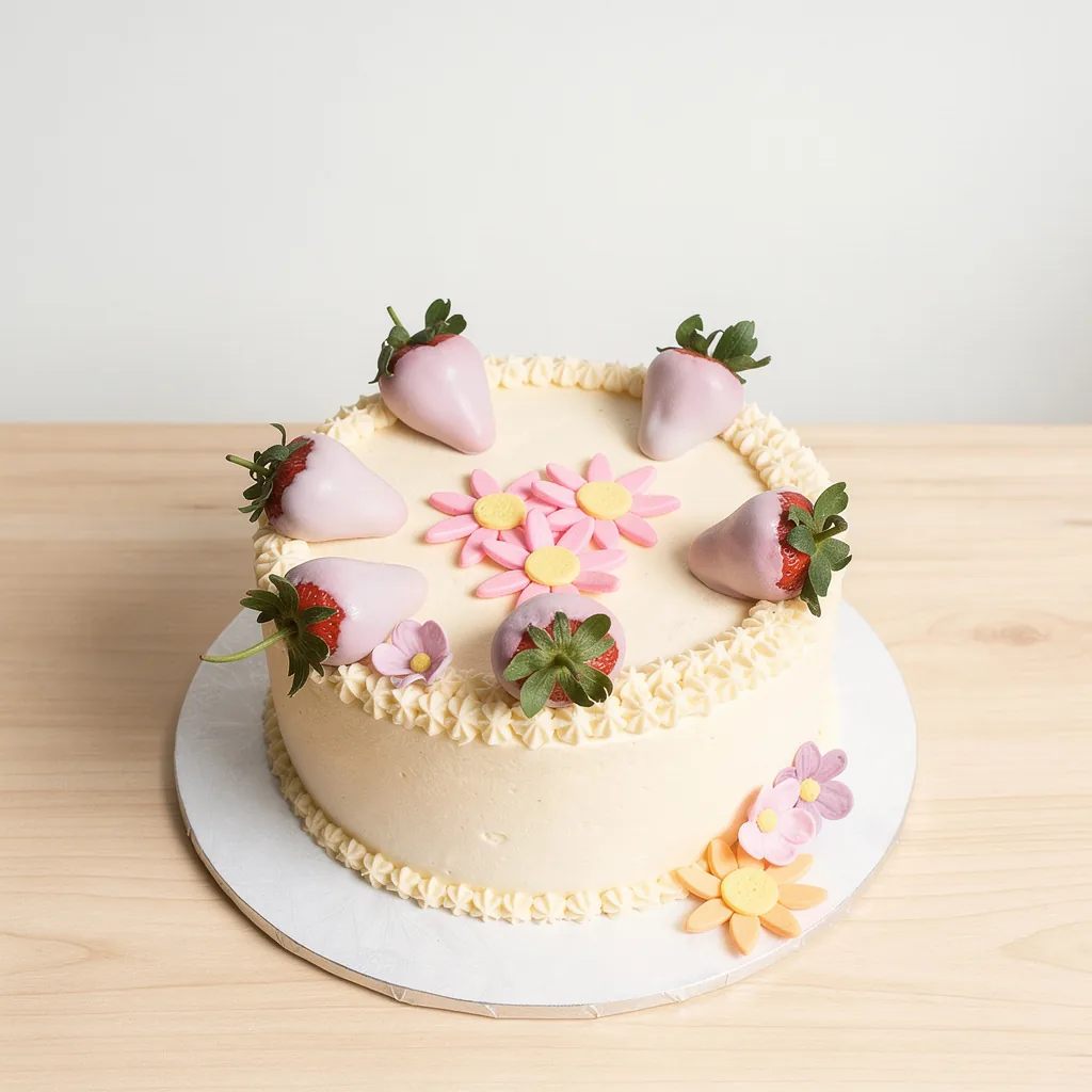 Creamy round cake decorated with pink coated strawberries and pastel fondant flowers