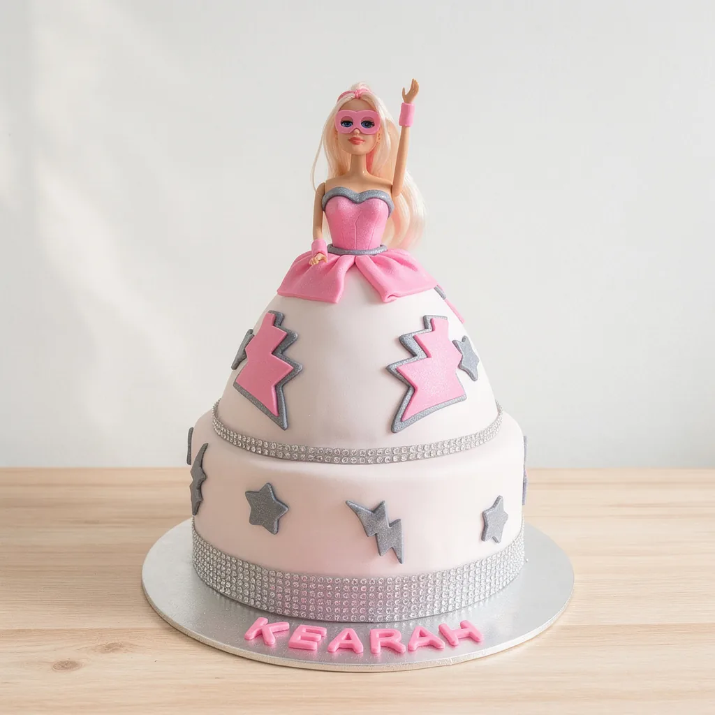 Two-tier white cake with pink and silver stars and lightning bolts topped with a doll in a pink superhero outfit.