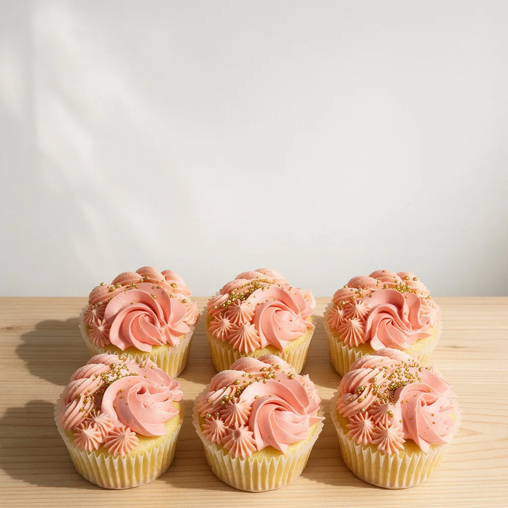 Six vanilla cupcakes with pink swirled frosting and gold sprinkles on a wooden surface