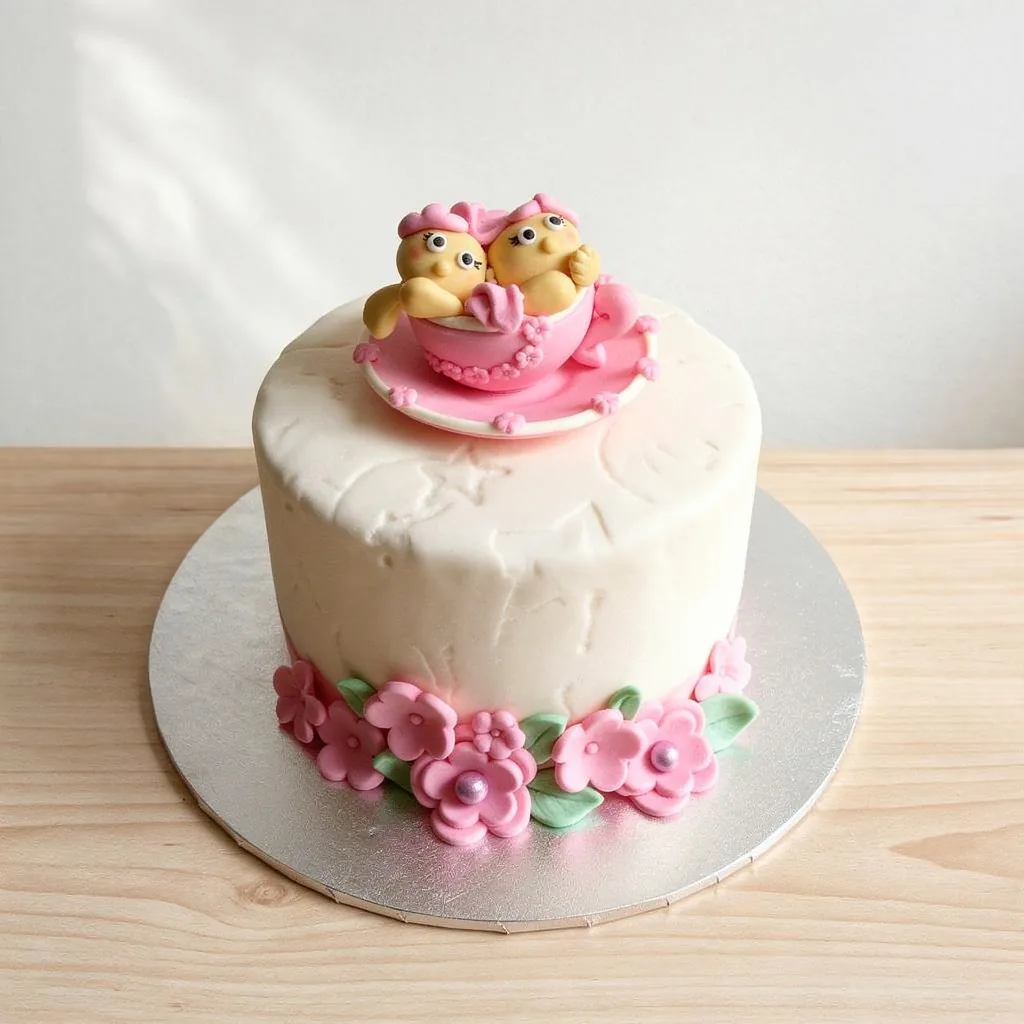 White round cake with pink flowers and two baby figures in a pink teacup decoration on top