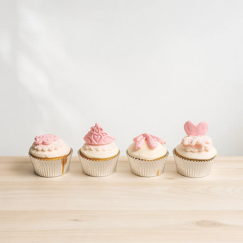 Four cupcakes with white and pink decorative toppings including hearts and floral shapes