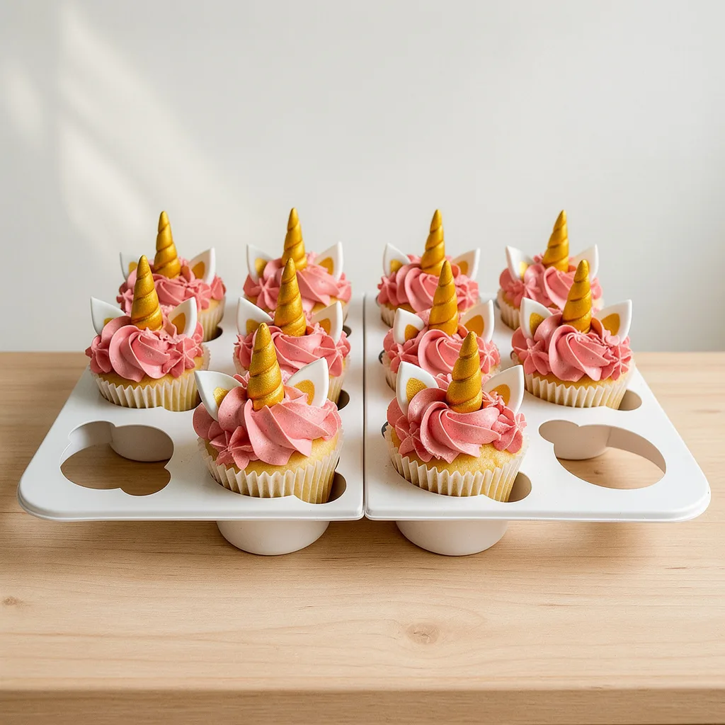 Twelve vanilla cupcakes with pink swirled frosting, golden unicorn horns, and white ears with gold details