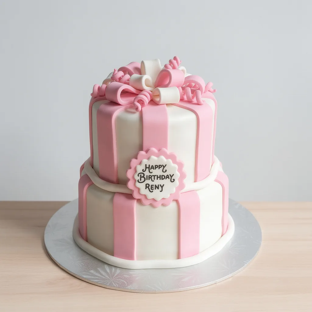 Two-tier cake with white and pink fondant designed like a gift box with a bow