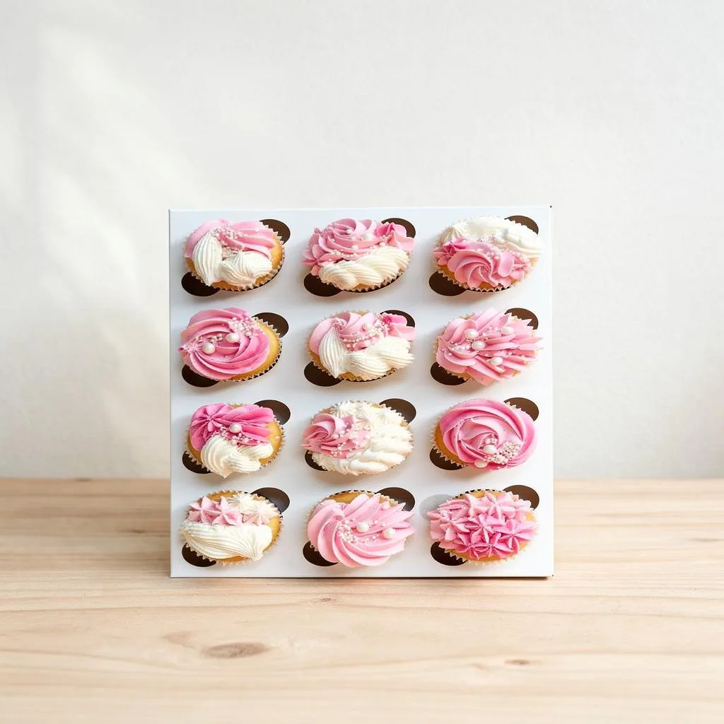 A dozen cupcakes with pink and white swirled frosting decorated with sugar pearls and sprinkles