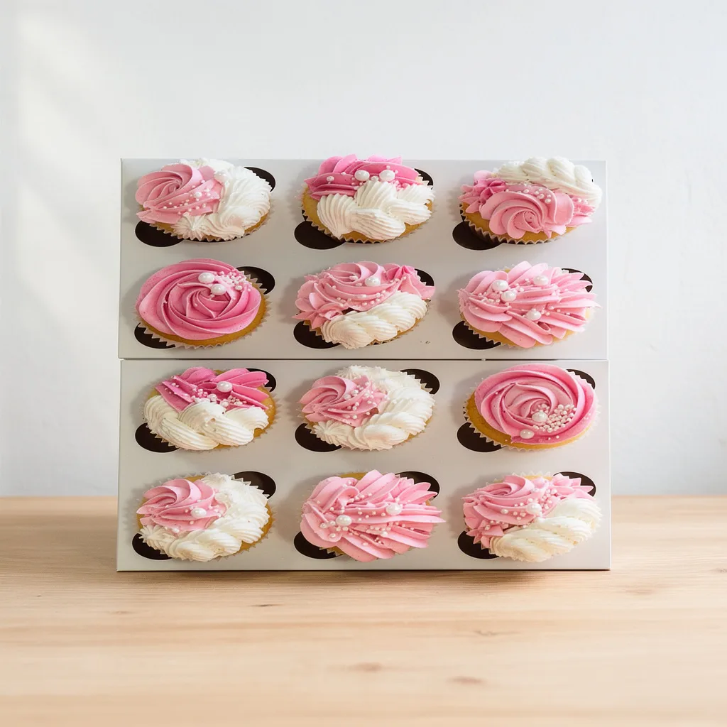 Cupcakes with pink and white swirled frosting topped with white sugar pearls in a white box
