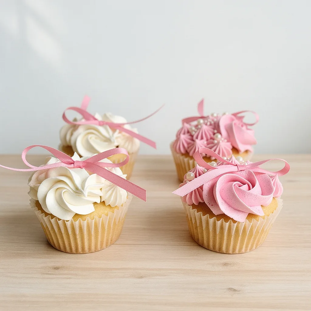 Four vanilla cupcakes with white and pink swirl frosting topped with pink ribbon bows and small pearl decorations