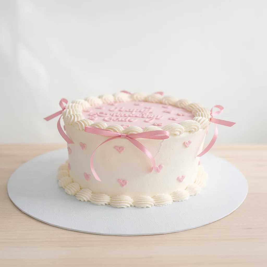 Round white cake with pink heart decorations and pink ribbon bows