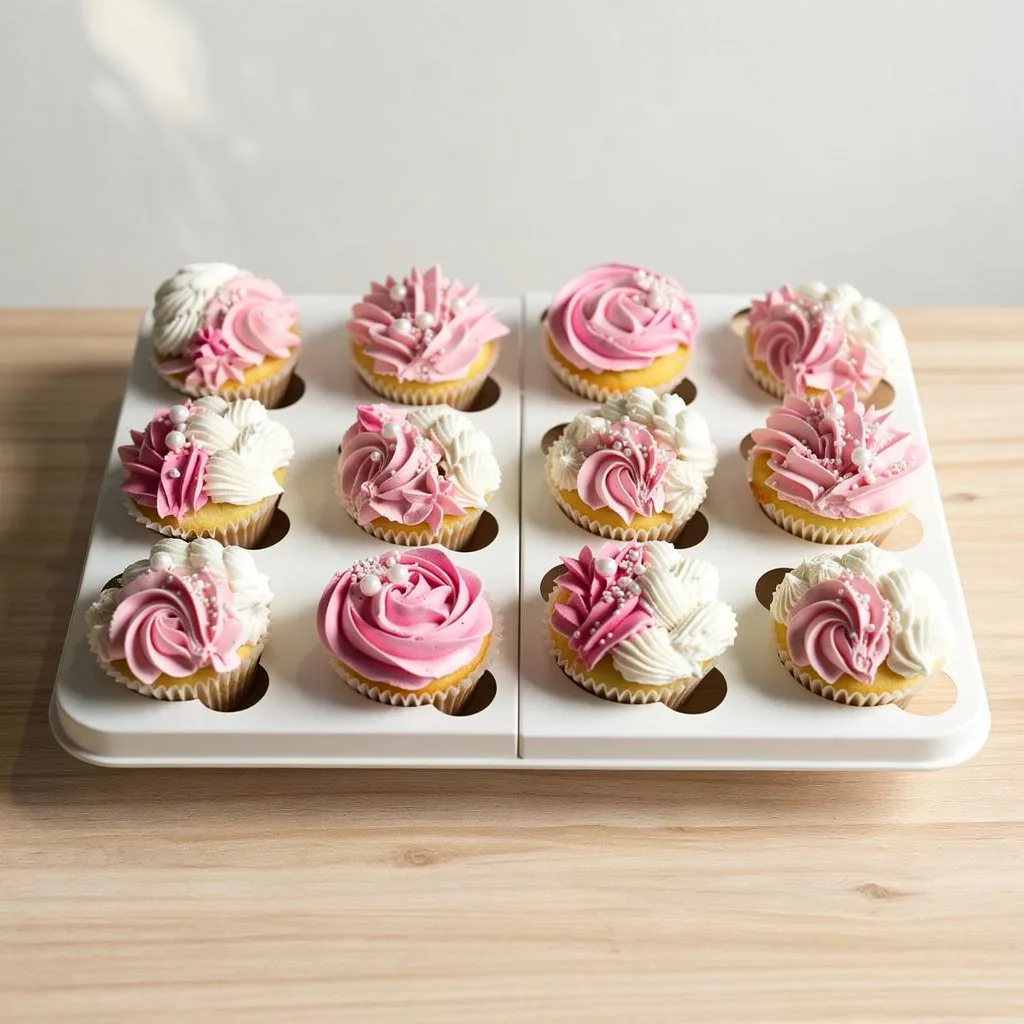 Twelve cupcakes with pink and white swirled frosting and white pearl decorations in white cupcake trays