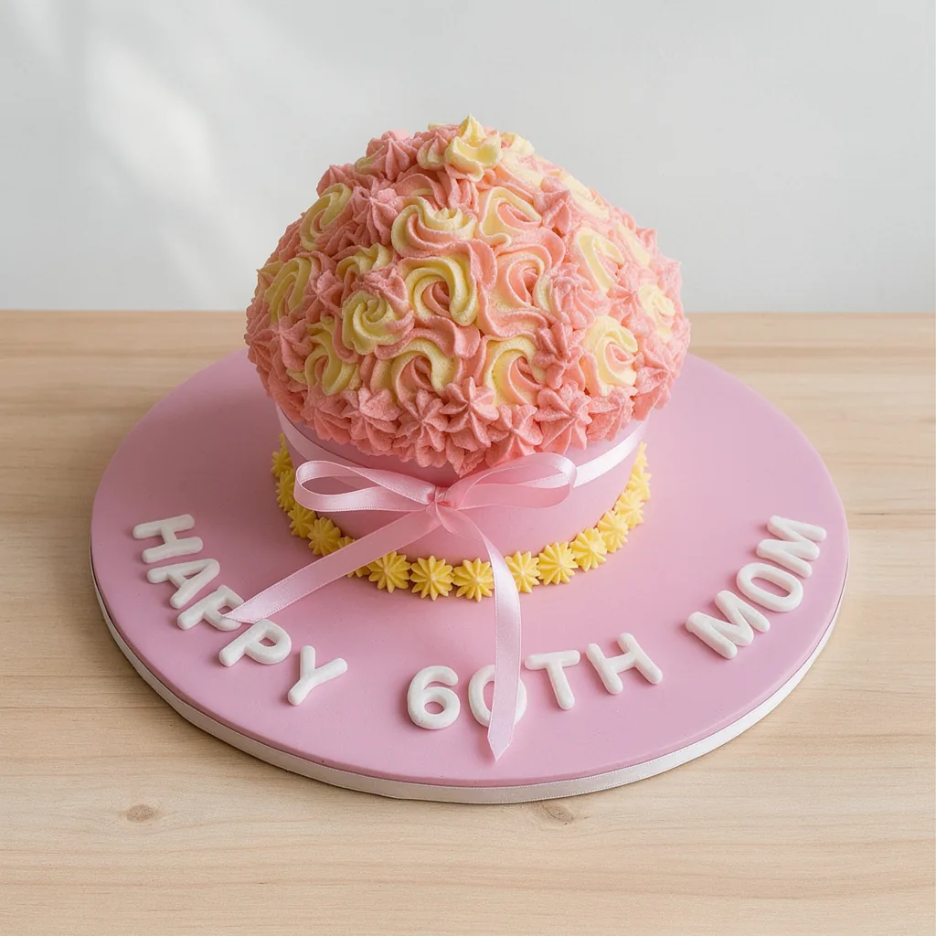 Cupcake shaped cake with pink and yellow swirled frosting with a pink bow on a pink base