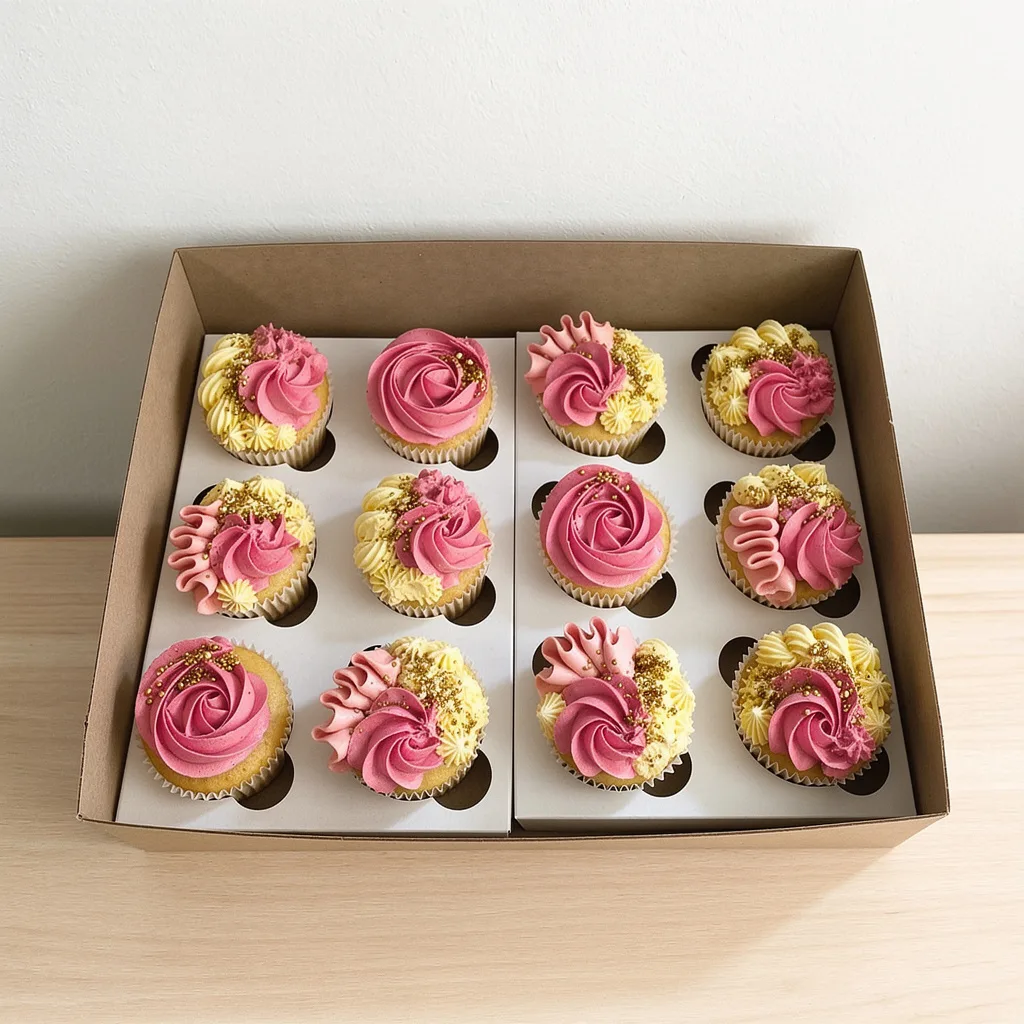 Box of twelve vanilla cupcakes with pink and yellow floral buttercream and gold sprinkles