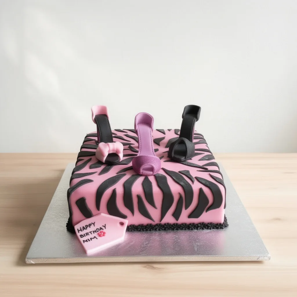 Pink rectangular cake with black zebra stripes topped with three edible high-heeled shoes