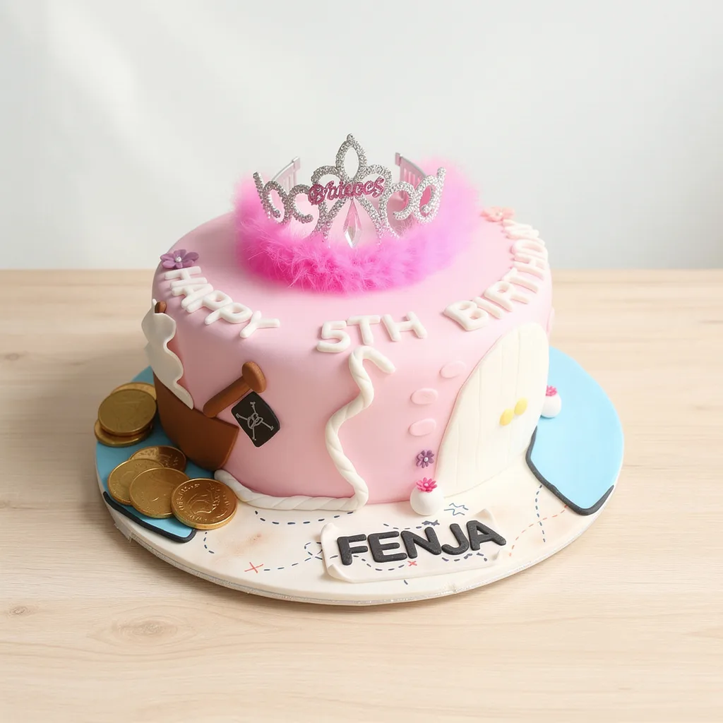 Round pink birthday cake with a pirate ship theme and a pink tiara on top