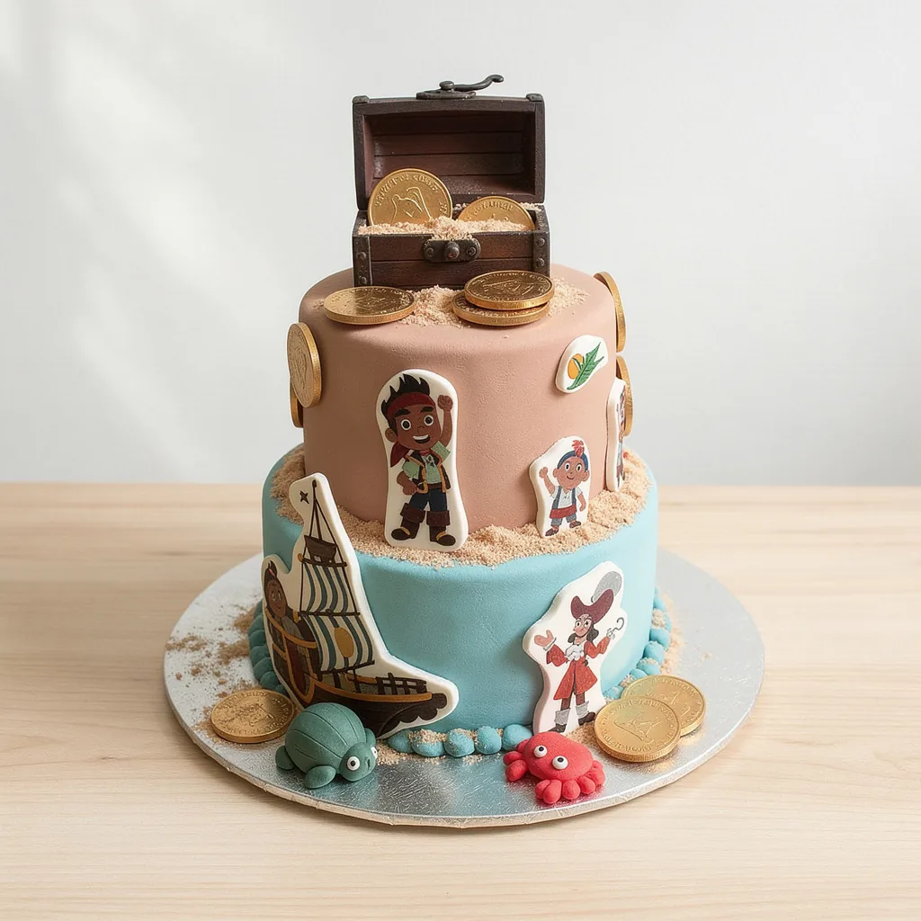 Two-tier pirate-themed cake with edible characters, ship, treasure chest, gold coins, crab, and turtle decorations