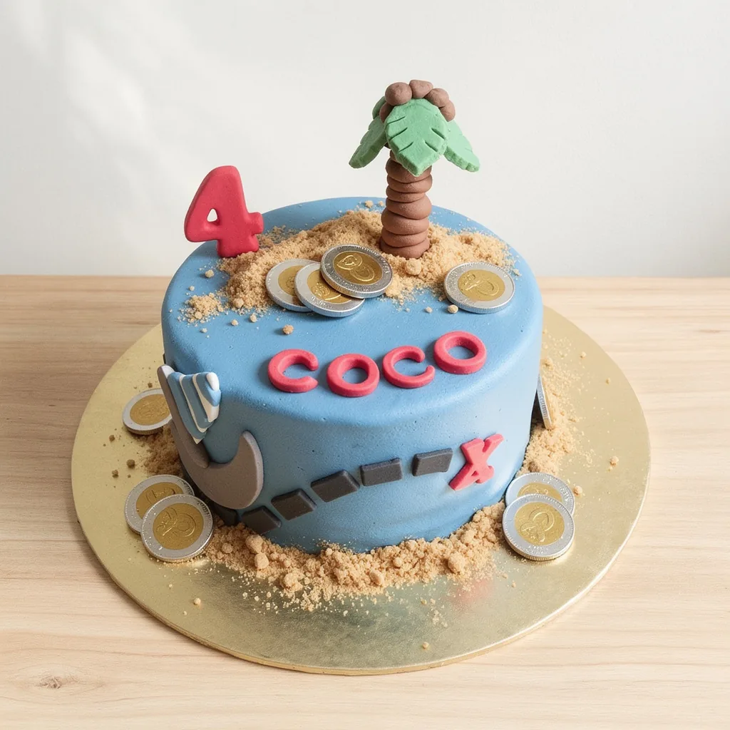 Blue round cake decorated as a treasure map with a palm tree, chocolate coins, and red number four