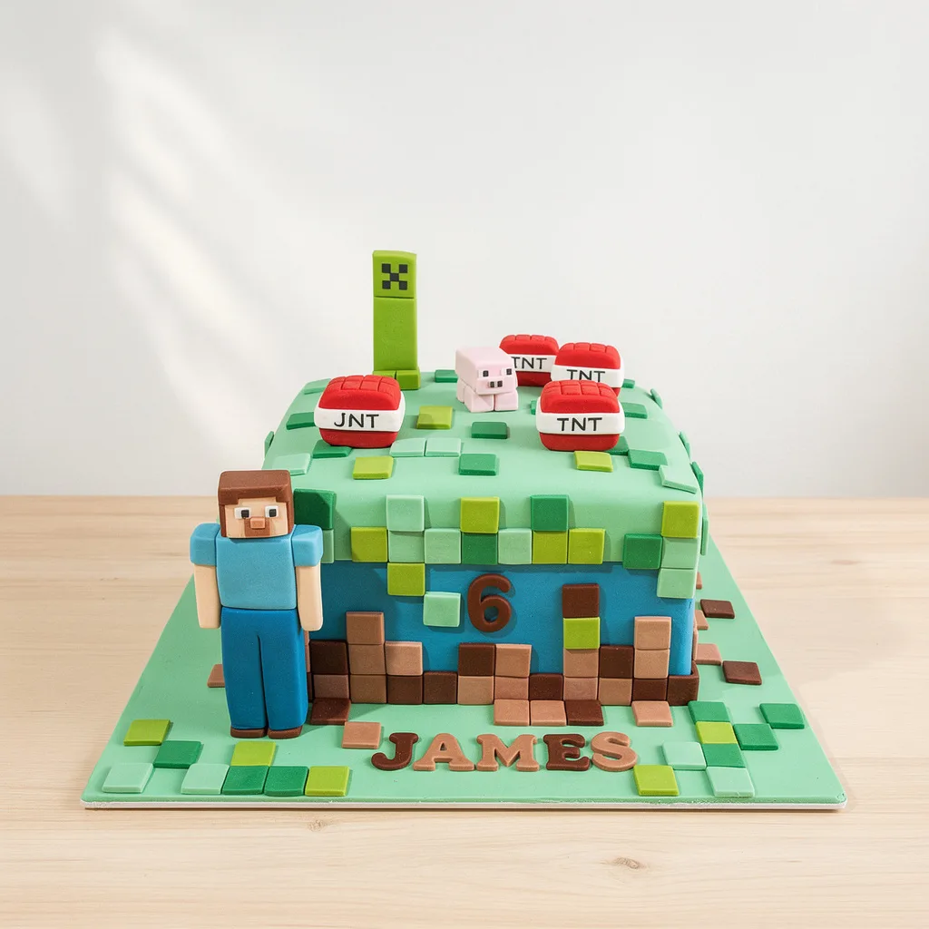 Square cake decorated like a pixelated block game with a character figure, TNT blocks, and a green creeper.