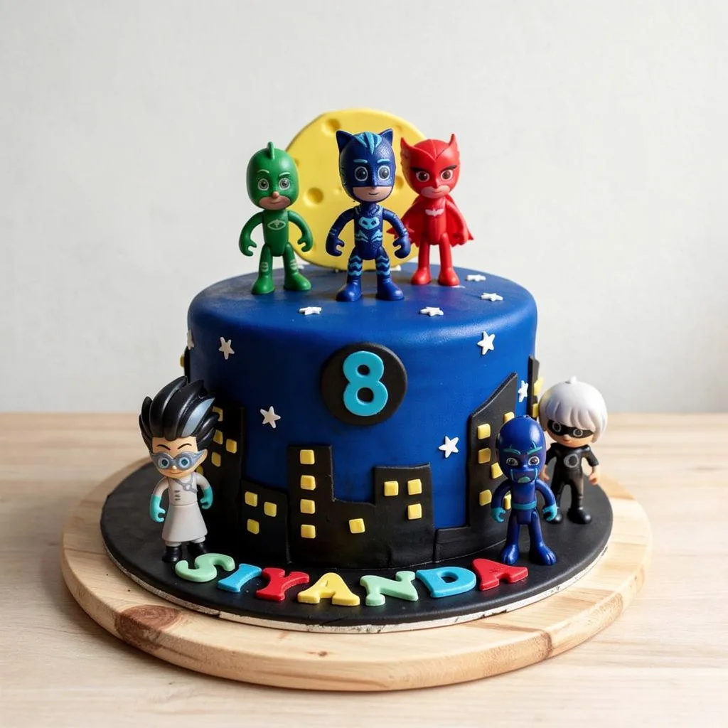 Round blue cake with city skyline, stars, number eight, and six superhero figures on top and around