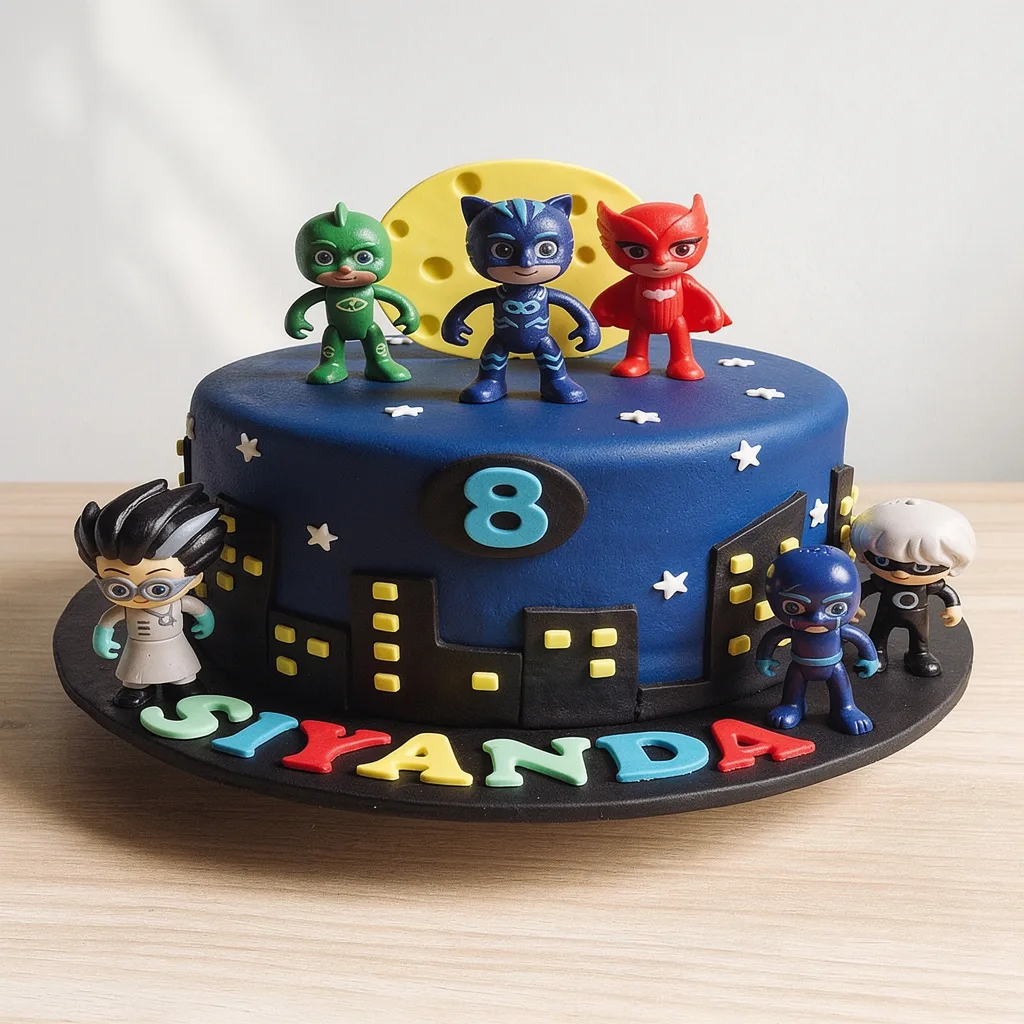 Round blue cake with city skyline, stars, and PJ Masks character toppers for an eighth birthday