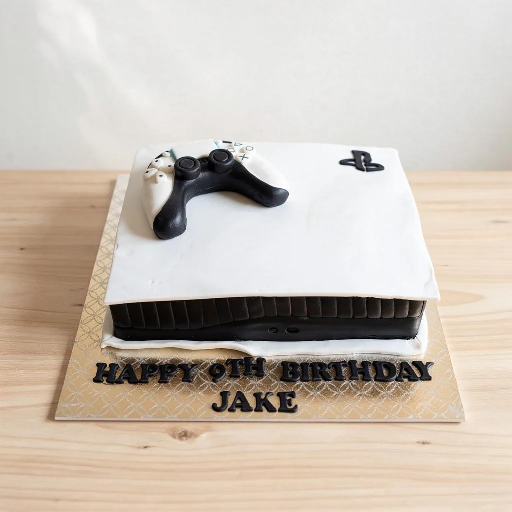 Cake shaped and decorated like a white PlayStation console with a black controller on top