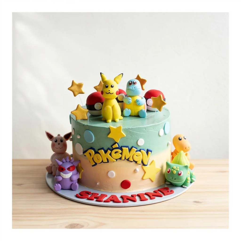 Round cake with fondant Pokémon characters Pikachu, Squirtle, Bulbasaur, Charmander, Eevee, and Gengar with Poké Balls and…