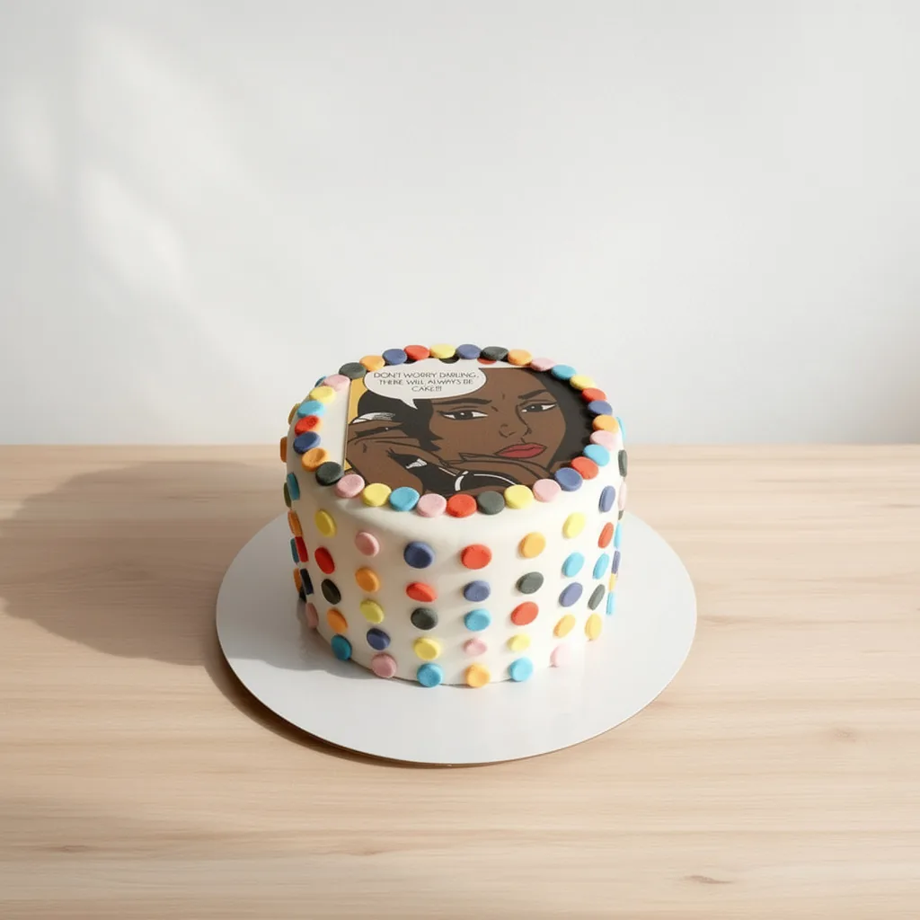 Round white cake decorated with colorful polka dots and a pop art style image on top
