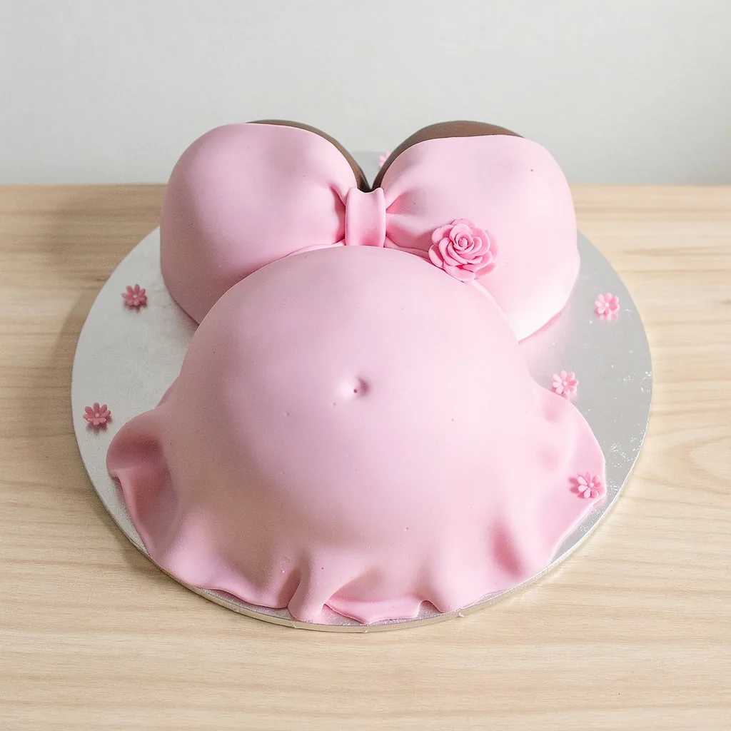 Pink fondant cake shaped like a pregnant belly with a bow and small flowers