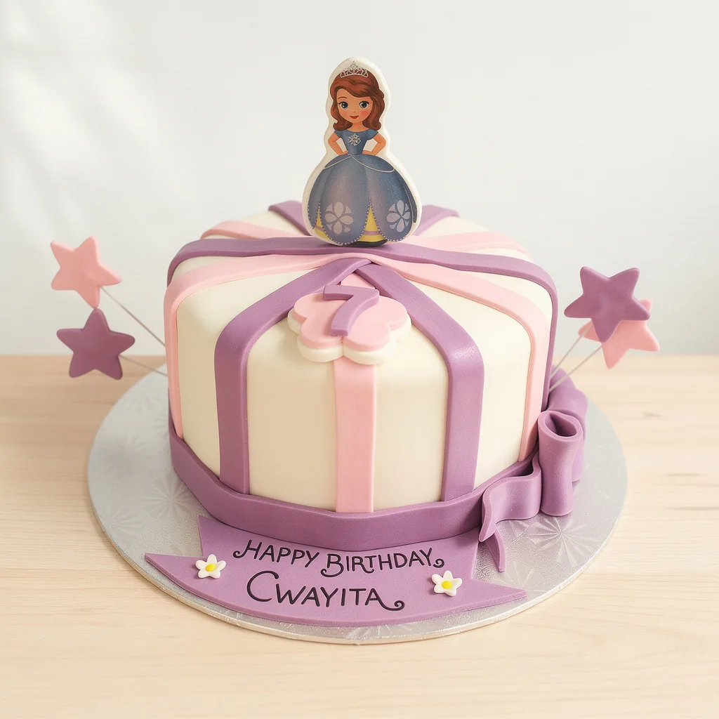 Round birthday cake decorated as a gift with pink and purple ribbons and a cartoon princess topper