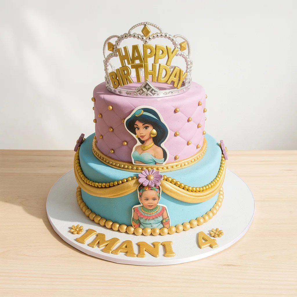 Two-tier birthday cake with pastel pink and blue tiers, gold bead accents, and a princess topper with Happy Birthday tiara