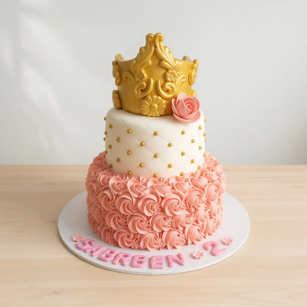 Two-tier cake with pink rosette bottom tier, white quilted middle tier with gold beads, and a gold crown topper with a pink…