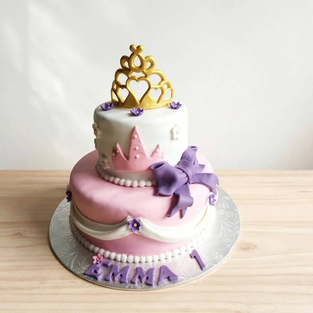 Two-tier cake with pink and white fondant, decorated with a purple bow and golden crown topper