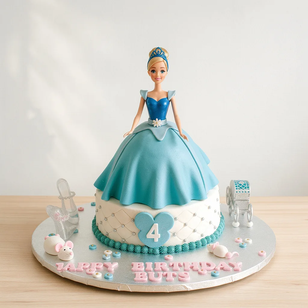Princess doll cake with blue dress, white base, and birthday decorations including mice and glass slippers