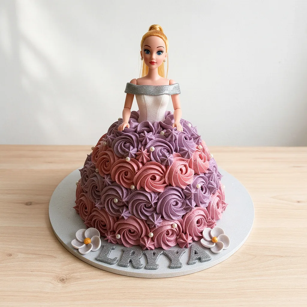 Purple and pink rosette frosted doll cake with silver off-shoulder bodice and pearl accents