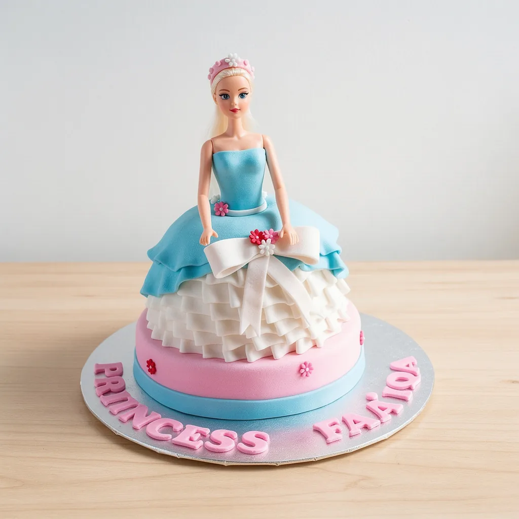 Cake designed as a doll in a blue and white princess dress with pink flower decorations