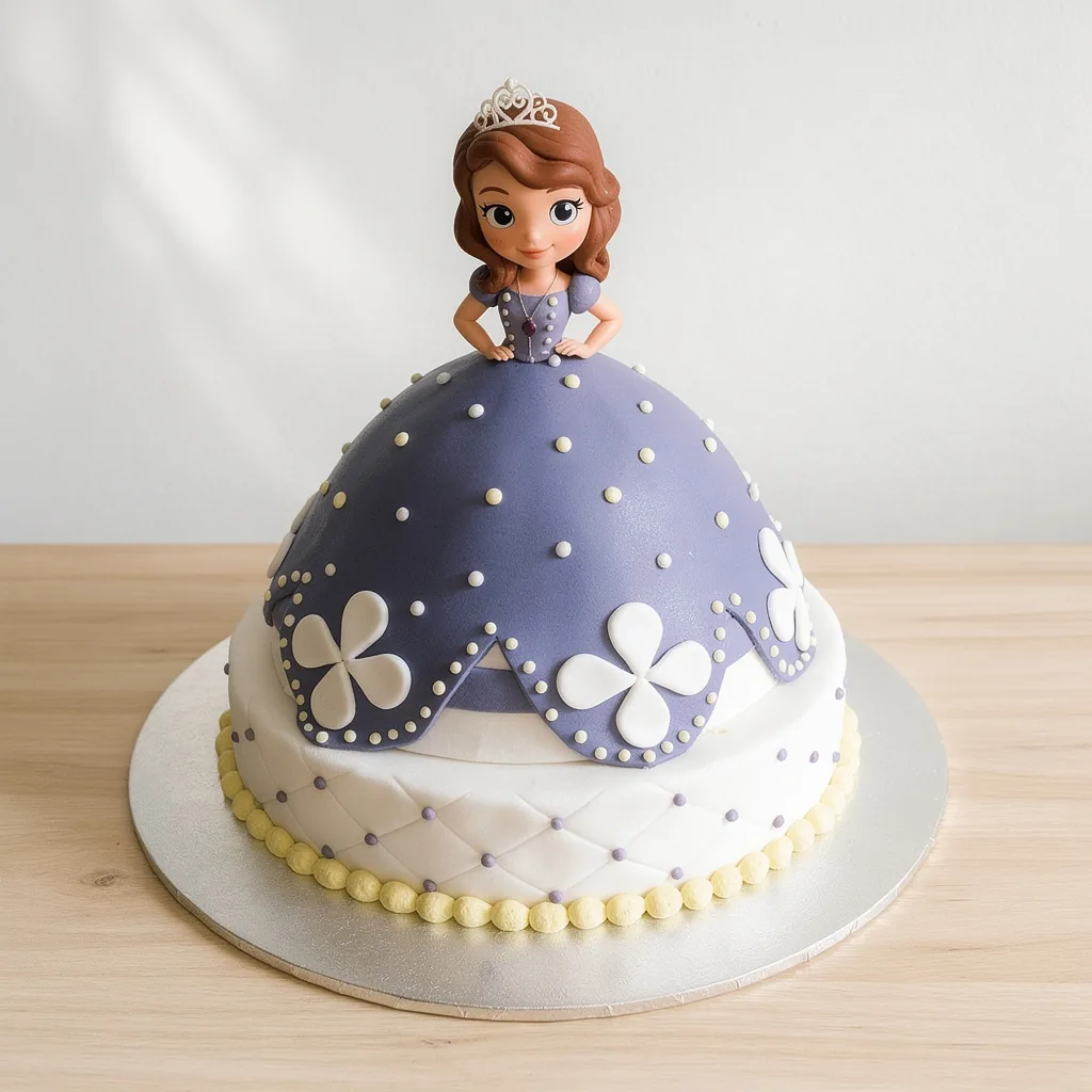 Cake shaped like a princess doll with a purple dress and floral decorations