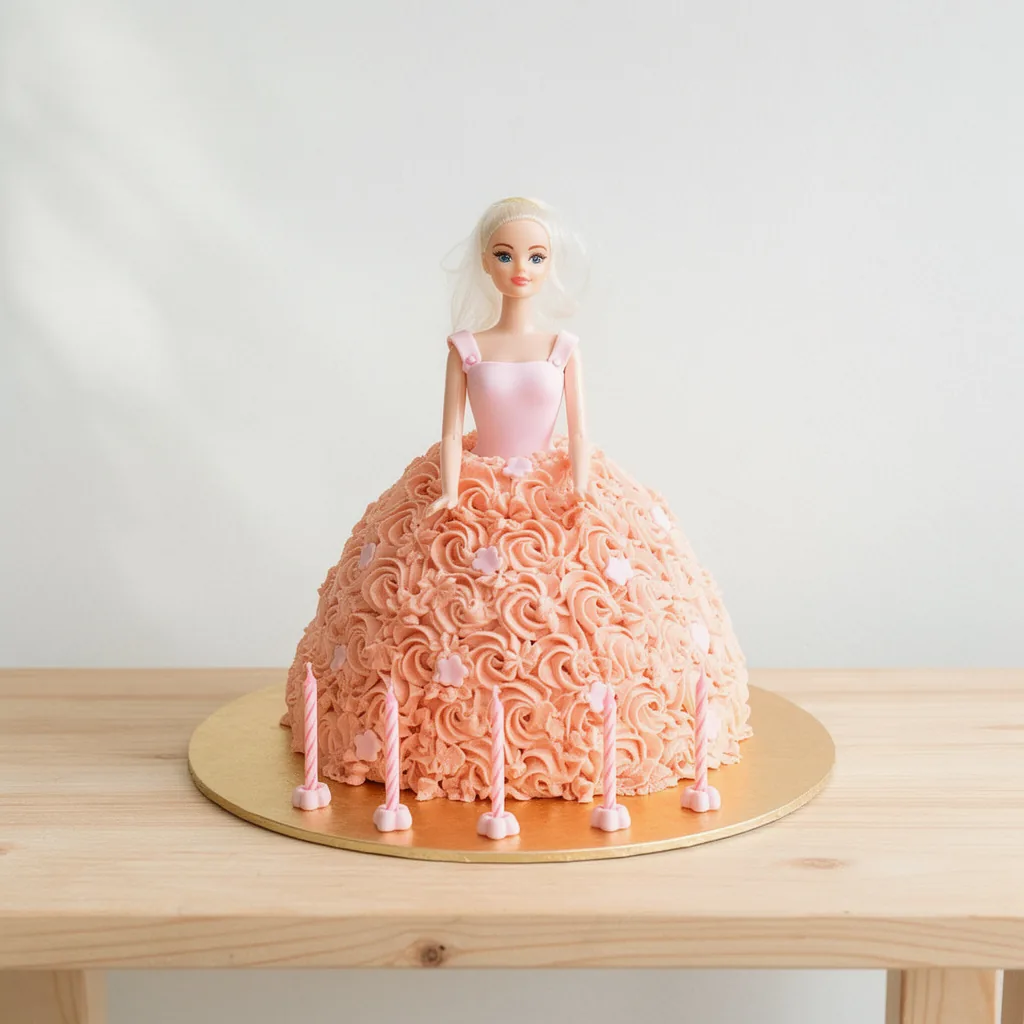 Pink princess doll cake with rosette frosting and small flower decorations