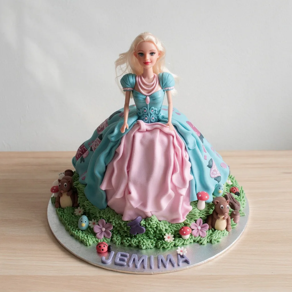 Doll cake with blue and pink ruffled dress on green grass decorated with flowers and animals