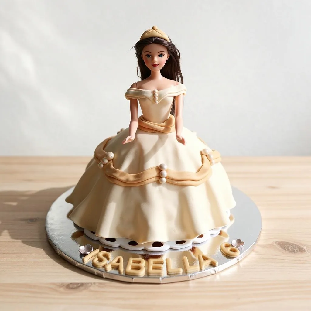 Cream and gold princess doll cake with fondant decorations on a silver board