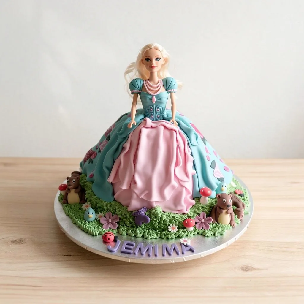 Doll cake with a pink and turquoise ruffled dress surrounded by fondant animals and flowers